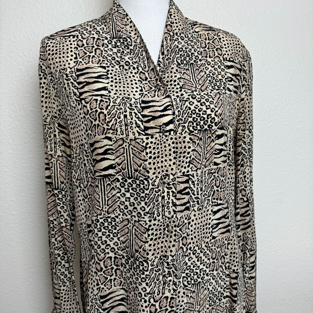 100% Silk Jacqueline Ferrar Blouse Animal Print Long Sleeves Button Up